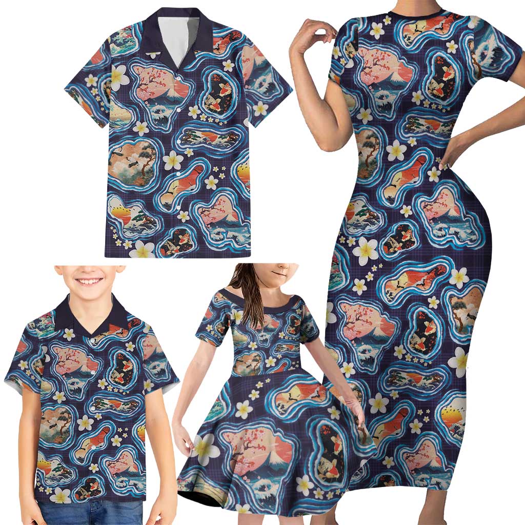 Hawaii Islands Map Design with Japanese Landscape Family Matching Short Sleeve Bodycon Dress and Hawaiian Shirt Hawaiian Japan Fusion Art Navy Color LT03 - Polynesian Pride