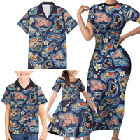 Hawaii Islands Map Design with Japanese Landscape Family Matching Short Sleeve Bodycon Dress and Hawaiian Shirt Hawaiian Japan Fusion Art Navy Color LT03 - Polynesian Pride