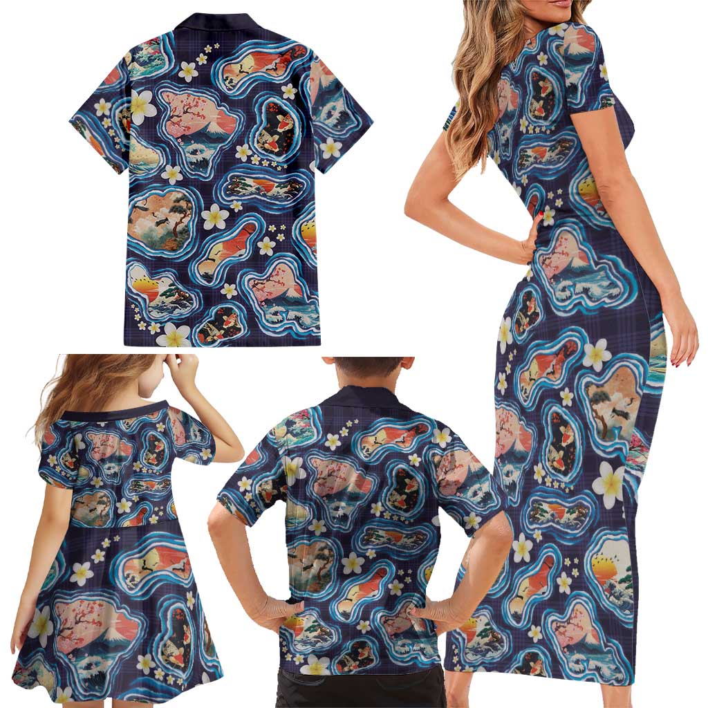 Hawaii Islands Map Design with Japanese Landscape Family Matching Short Sleeve Bodycon Dress and Hawaiian Shirt Hawaiian Japan Fusion Art Navy Color LT03 - Polynesian Pride