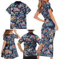 Hawaii Islands Map Design with Japanese Landscape Family Matching Short Sleeve Bodycon Dress and Hawaiian Shirt Hawaiian Japan Fusion Art Navy Color LT03 - Polynesian Pride