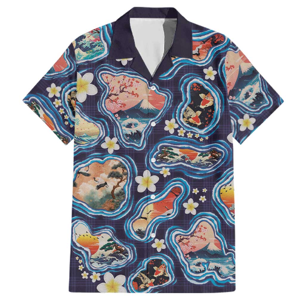 Hawaii Islands Map Design with Japanese Landscape Family Matching Short Sleeve Bodycon Dress and Hawaiian Shirt Hawaiian Japan Fusion Art Navy Color LT03 Dad's Shirt - Short Sleeve Navy - Polynesian Pride