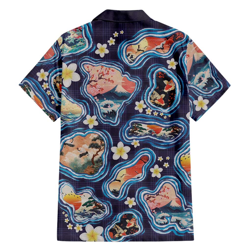 Hawaii Islands Map Design with Japanese Landscape Family Matching Short Sleeve Bodycon Dress and Hawaiian Shirt Hawaiian Japan Fusion Art Navy Color LT03 - Polynesian Pride