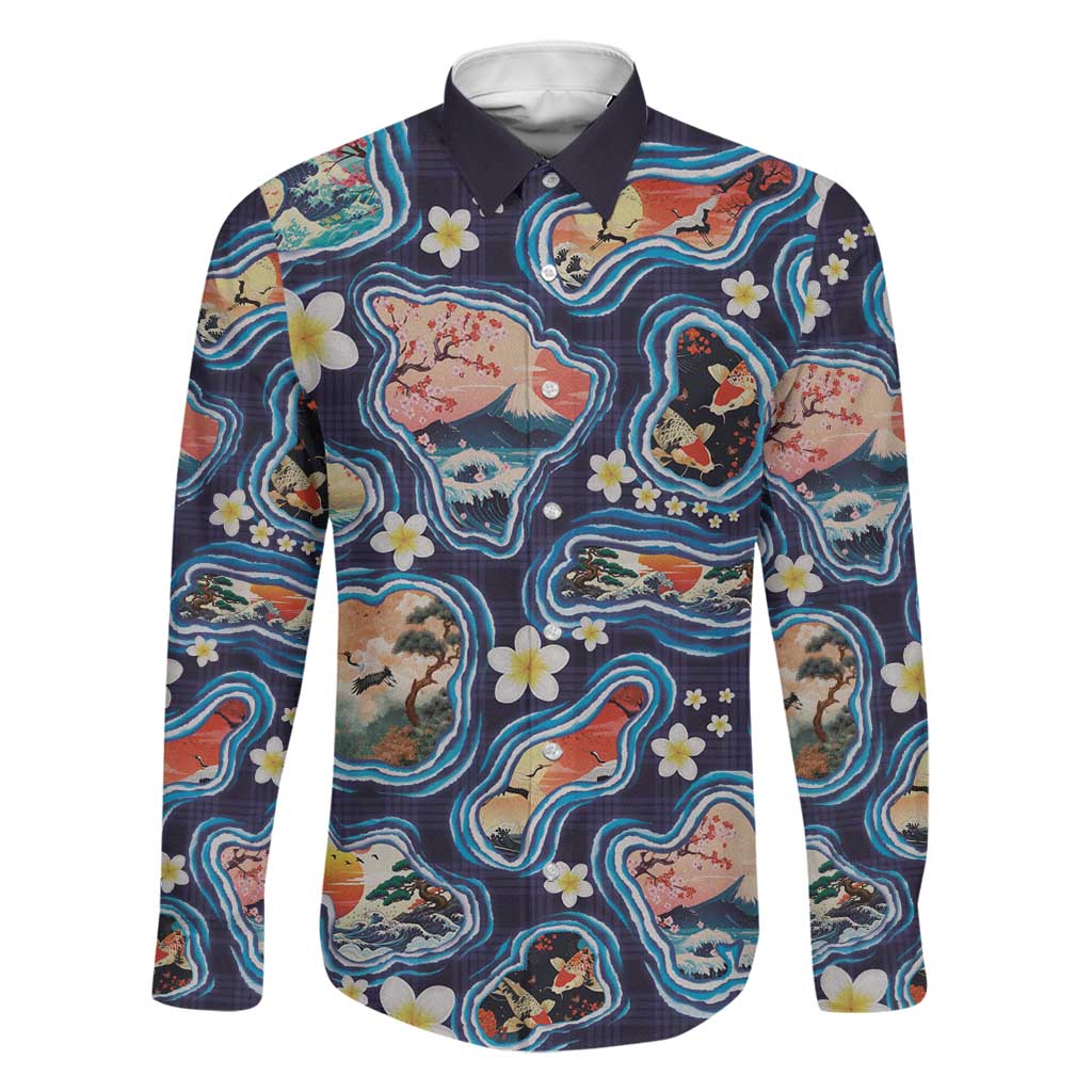 Hawaii Islands Map Design with Japanese Landscape Family Matching Short Sleeve Bodycon Dress and Hawaiian Shirt Hawaiian Japan Fusion Art Navy Color LT03 Dad's Shirt - Long Sleeve Navy - Polynesian Pride