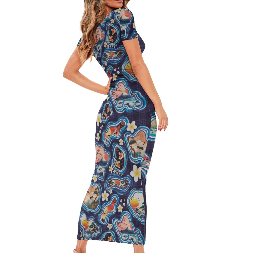 Hawaii Islands Map Design with Japanese Landscape Family Matching Short Sleeve Bodycon Dress and Hawaiian Shirt Hawaiian Japan Fusion Art Navy Color LT03 - Polynesian Pride