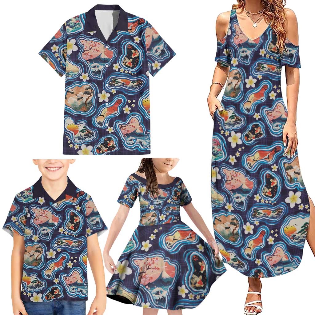 Hawaii Islands Map Design with Japanese Landscape Family Matching Summer Maxi Dress and Hawaiian Shirt Hawaiian Japan Fusion Art Navy Color