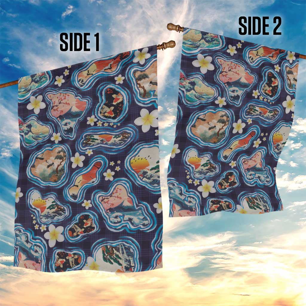 Hawaii Islands Map Design with Japanese Landscape Garden Flag Hawaiian Japan Fusion Art Navy Color LT03 - Polynesian Pride
