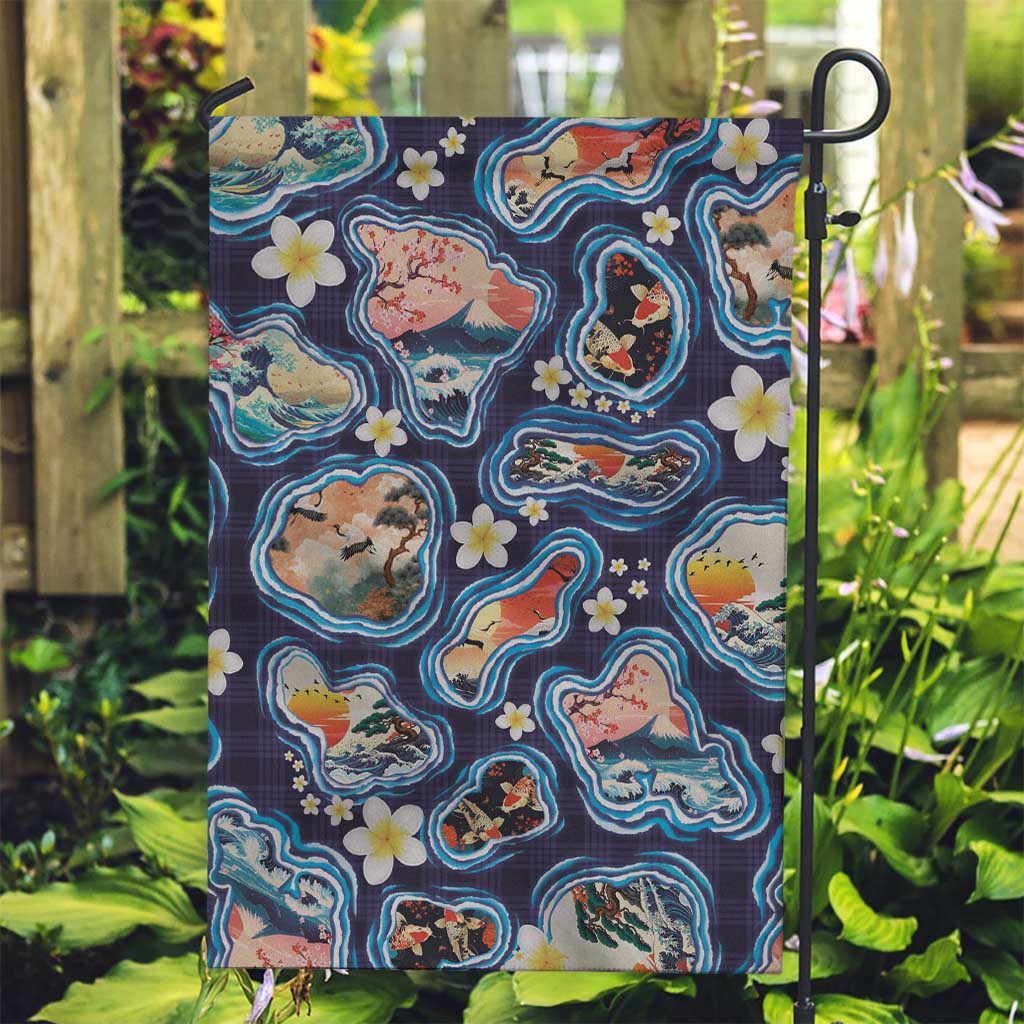 Hawaii Islands Map Design with Japanese Landscape Garden Flag Hawaiian Japan Fusion Art Navy Color LT03 Garden Flag Navy - Polynesian Pride
