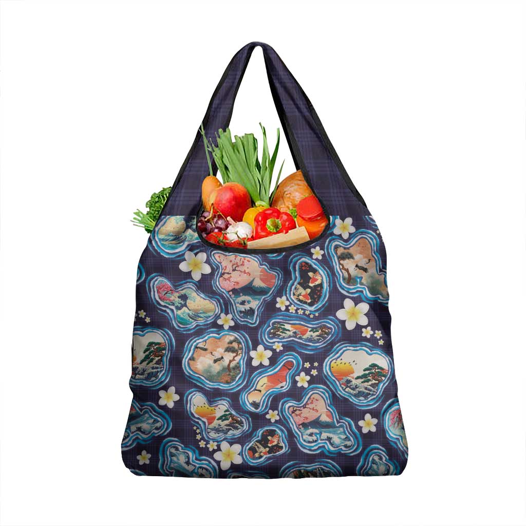 Hawaii Islands Map Design with Japanese Landscape Grocery Bag Hawaiian Japan Fusion Art Navy Color