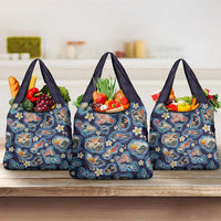 Hawaii Islands Map Design with Japanese Landscape Grocery Bag Hawaiian Japan Fusion Art Navy Color