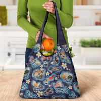 Hawaii Islands Map Design with Japanese Landscape Grocery Bag Hawaiian Japan Fusion Art Navy Color