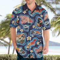 Hawaii Islands Map Design with Japanese Landscape Hawaiian Shirt Hawaiian Japan Fusion Art Navy Color