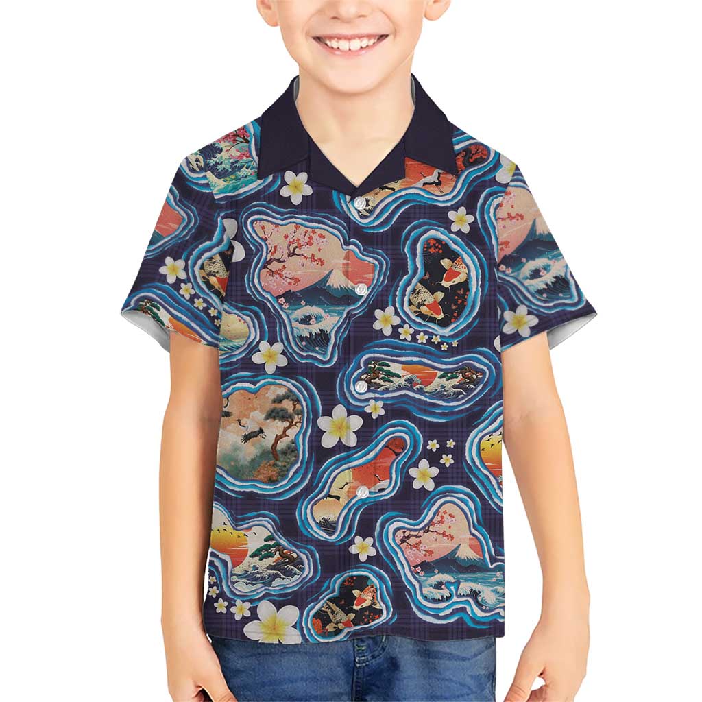 Hawaii Islands Map Design with Japanese Landscape Hawaiian Shirt Hawaiian Japan Fusion Art Navy Color