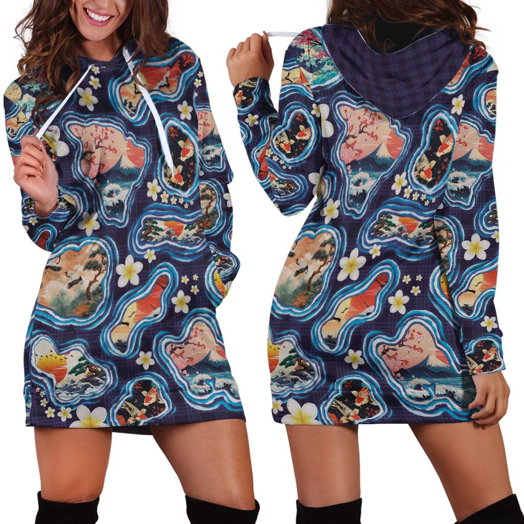 Hawaii Islands Map Design with Japanese Landscape Hoodie Dress Hawaiian Japan Fusion Art Navy Color LT03 - Polynesian Pride