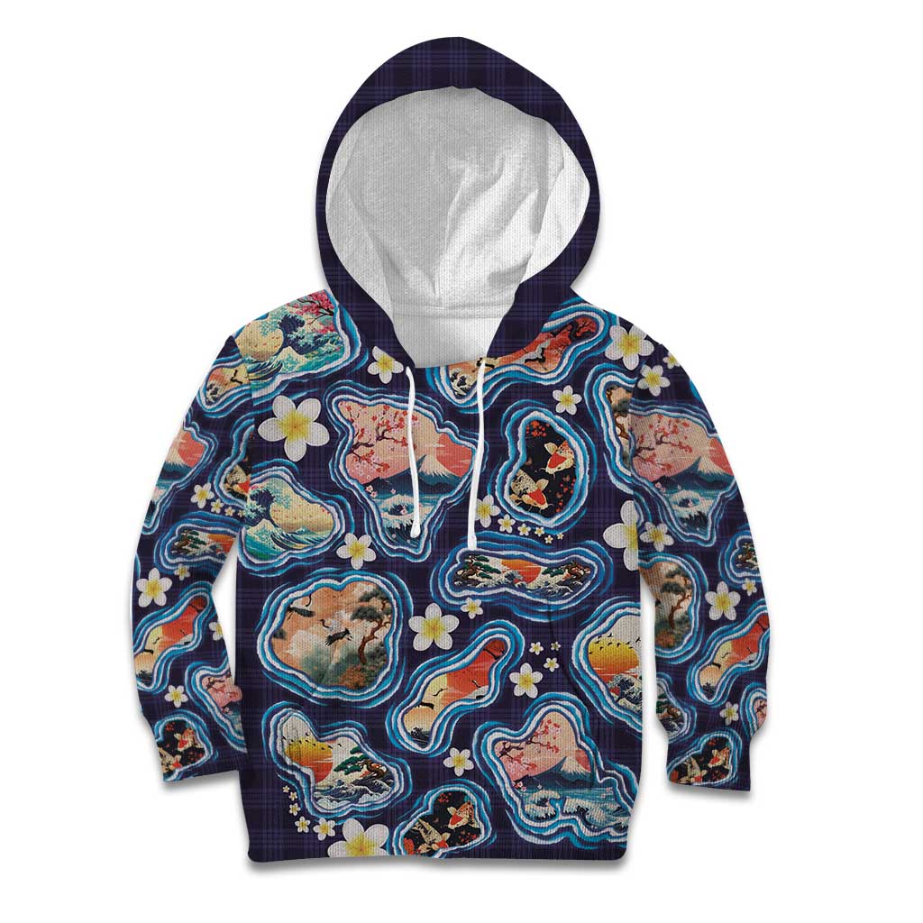 Hawaii Islands Map Design with Japanese Landscape Kid Hoodie Hawaiian Japan Fusion Art Navy Color LT03 Hoodie Navy - Polynesian Pride
