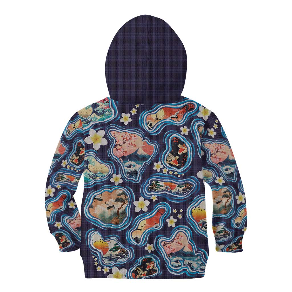 Hawaii Islands Map Design with Japanese Landscape Kid Hoodie Hawaiian Japan Fusion Art Navy Color LT03 - Polynesian Pride
