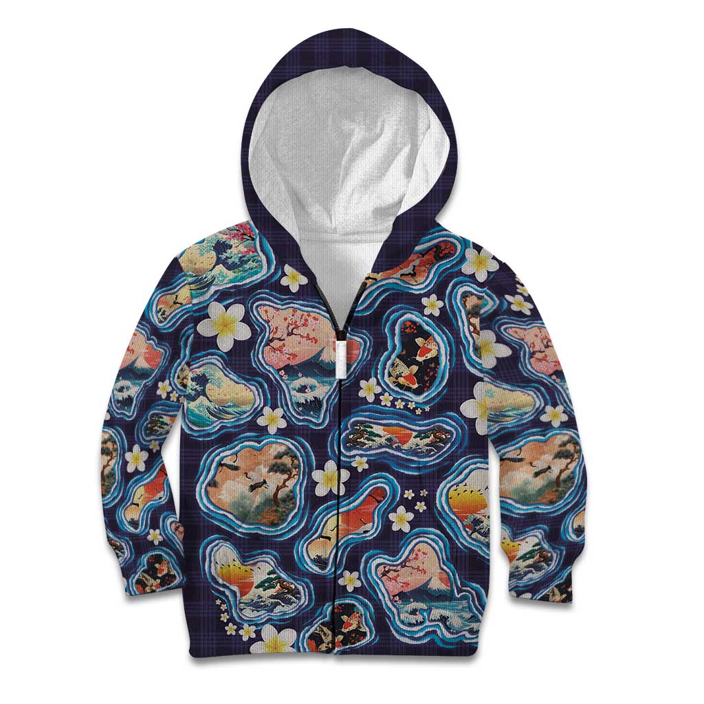 Hawaii Islands Map Design with Japanese Landscape Kid Hoodie Hawaiian Japan Fusion Art Navy Color LT03 Zip Hoodie Navy - Polynesian Pride