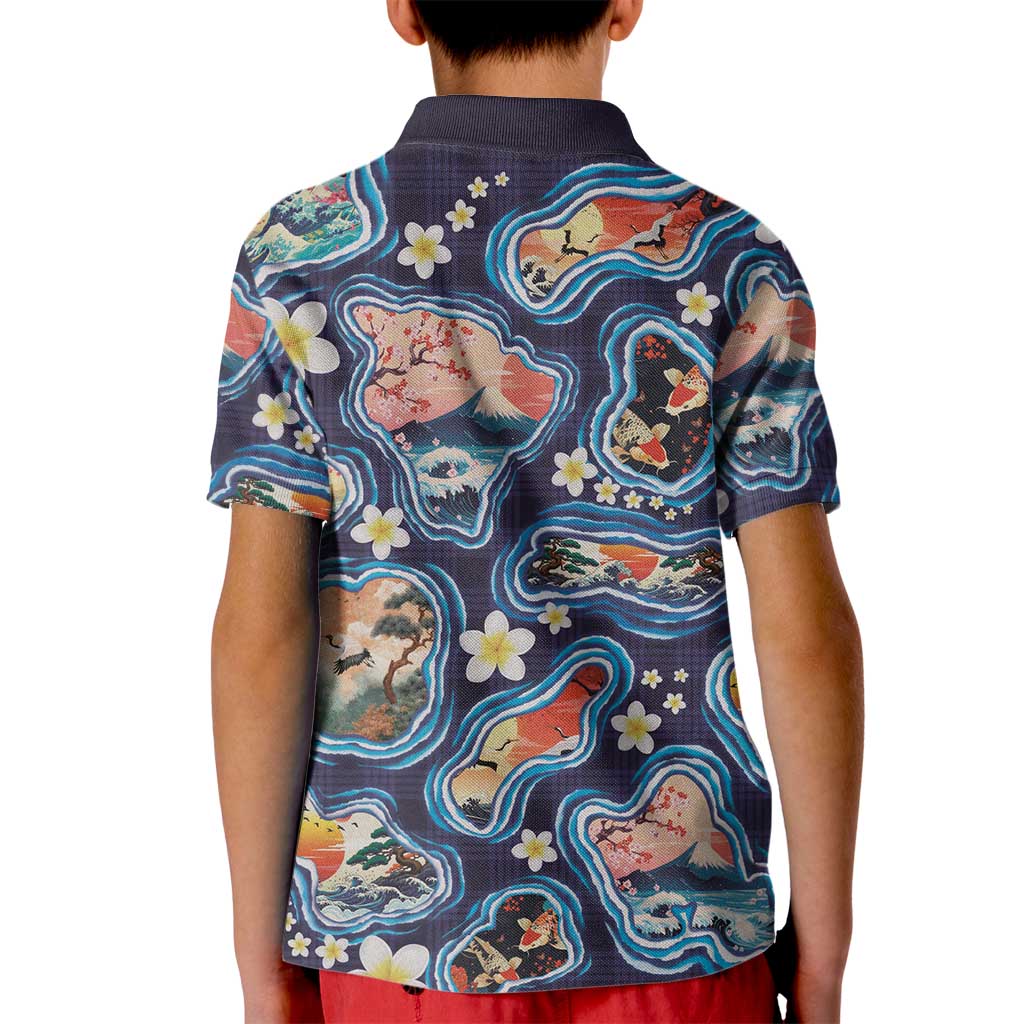 Hawaii Islands Map Design with Japanese Landscape Kid Polo Shirt Hawaiian Japan Fusion Art Navy Color LT03 - Polynesian Pride