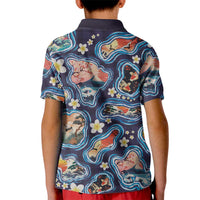 Hawaii Islands Map Design with Japanese Landscape Kid Polo Shirt Hawaiian Japan Fusion Art Navy Color LT03 - Polynesian Pride