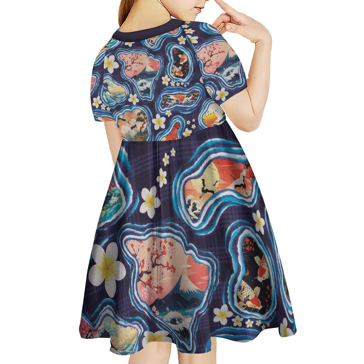 Hawaii Islands Map Design with Japanese Landscape Kid Short Sleeve Dress Hawaiian Japan Fusion Art Navy Color LT03 - Polynesian Pride