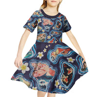 Hawaii Islands Map Design with Japanese Landscape Kid Short Sleeve Dress Hawaiian Japan Fusion Art Navy Color LT03 - Polynesian Pride