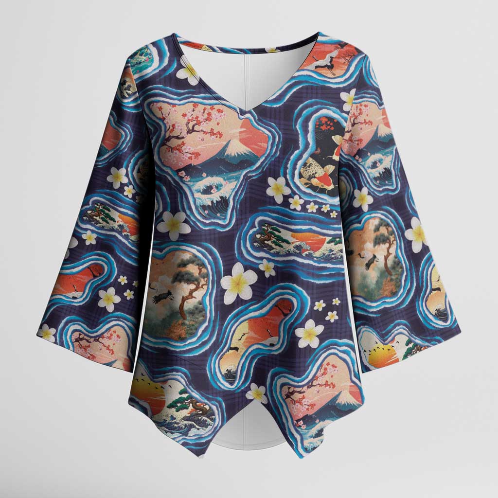 Hawaii Islands Map Design with Japanese Landscape Kimono Sleeve Blouse Hawaiian Japan Fusion Art Navy Color LT03 Female Navy - Polynesian Pride