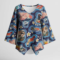 Hawaii Islands Map Design with Japanese Landscape Kimono Sleeve Blouse Hawaiian Japan Fusion Art Navy Color LT03 Female Navy - Polynesian Pride
