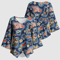Hawaii Islands Map Design with Japanese Landscape Kimono Sleeve Blouse Hawaiian Japan Fusion Art Navy Color LT03 - Polynesian Pride