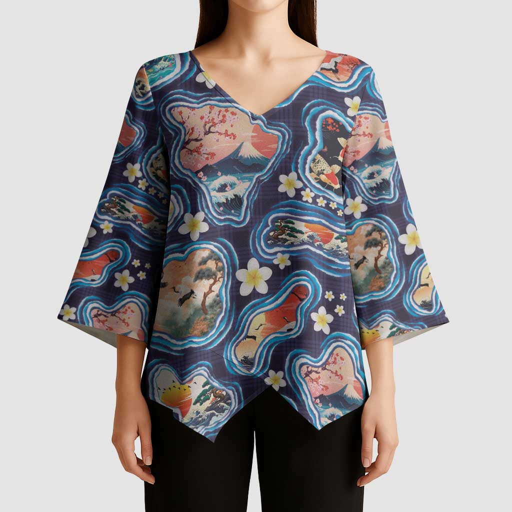 Hawaii Islands Map Design with Japanese Landscape Kimono Sleeve Blouse Hawaiian Japan Fusion Art Navy Color LT03 - Polynesian Pride