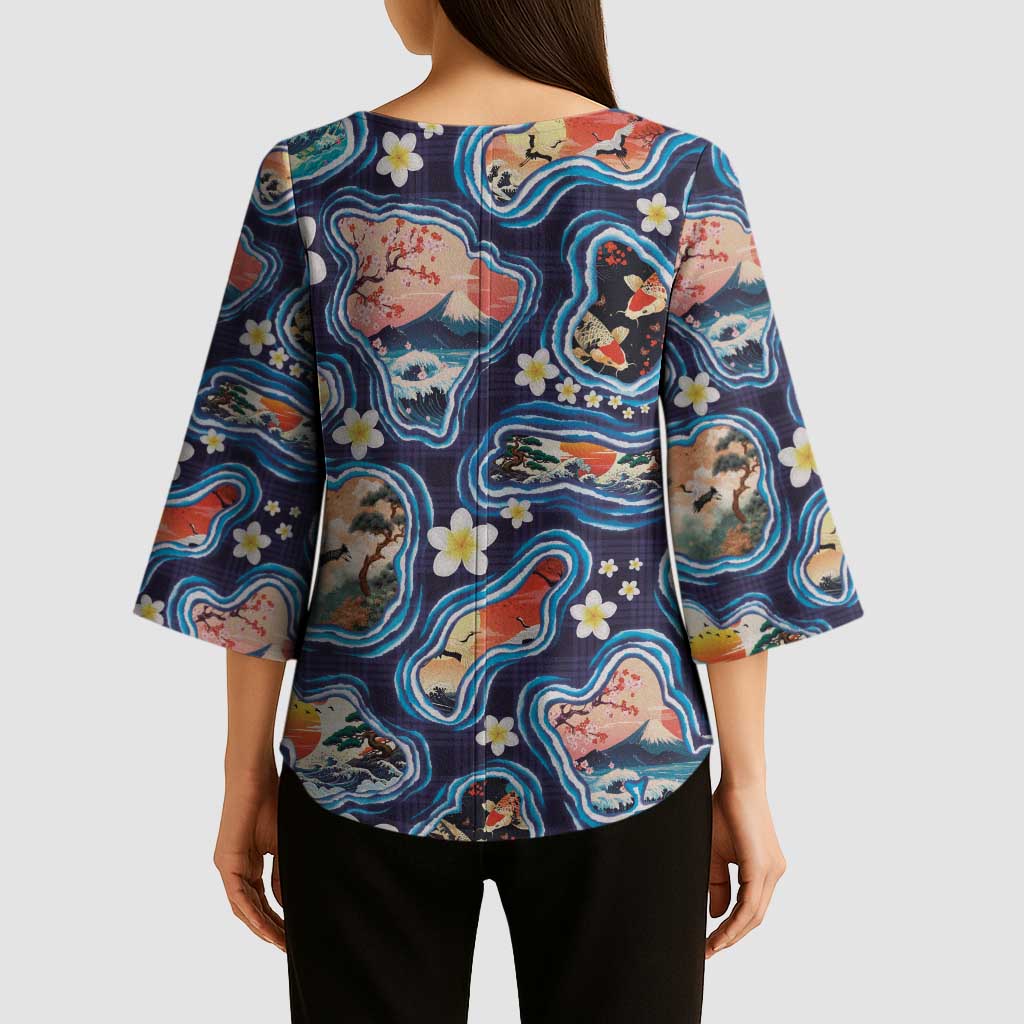 Hawaii Islands Map Design with Japanese Landscape Kimono Sleeve Blouse Hawaiian Japan Fusion Art Navy Color LT03 - Polynesian Pride