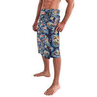 Hawaii Islands Map Design with Japanese Landscape Lavalava Hawaiian Japan Fusion Art Navy Color