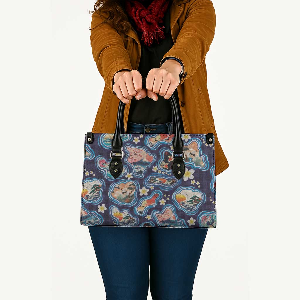Hawaii Islands Map Design with Japanese Landscape Leather Bag Hawaiian Japan Fusion Art Navy Color