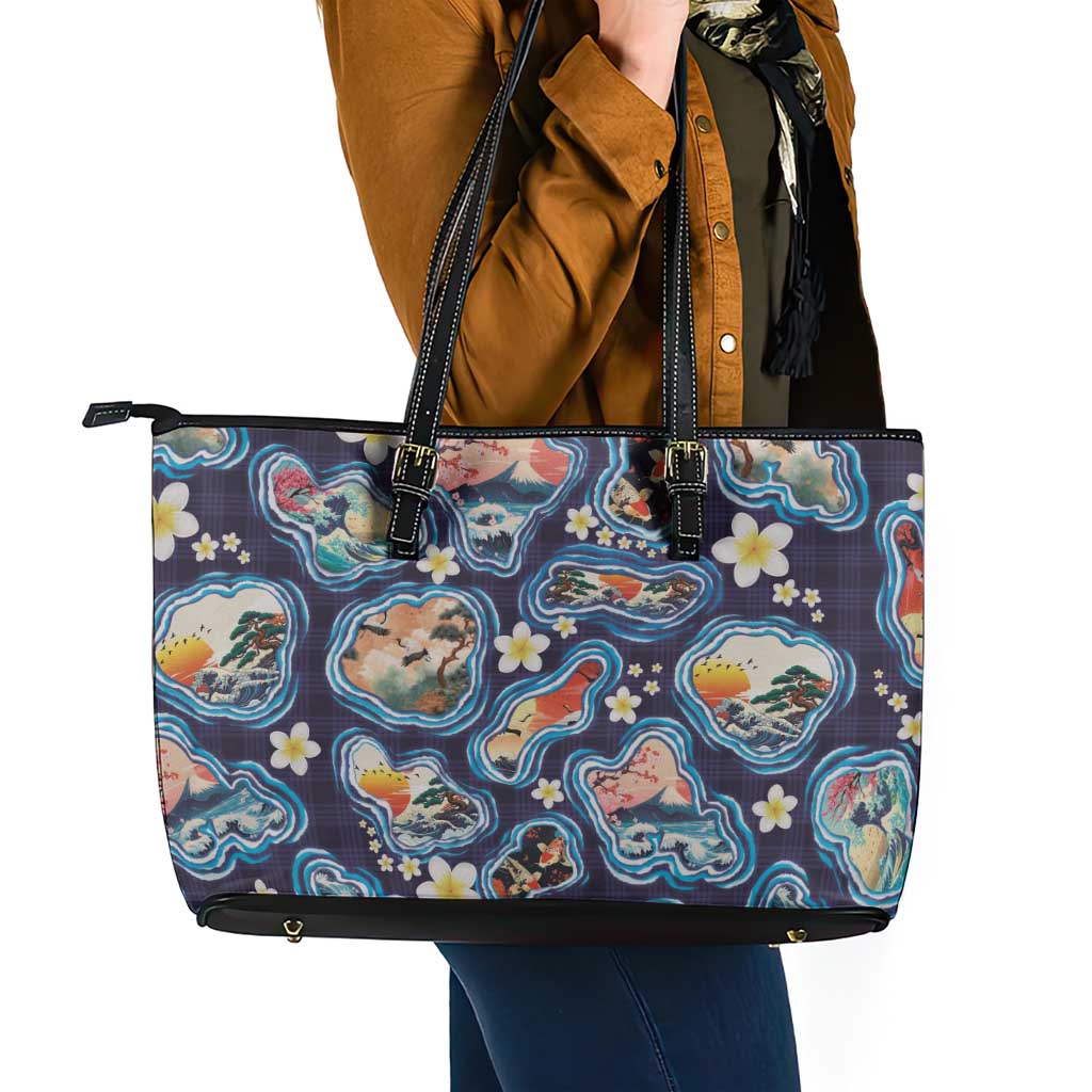 Hawaii Islands Map Design with Japanese Landscape Leather Tote Bag Hawaiian Japan Fusion Art Navy Color