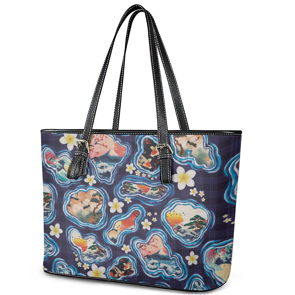 Hawaii Islands Map Design with Japanese Landscape Leather Tote Bag Hawaiian Japan Fusion Art Navy Color