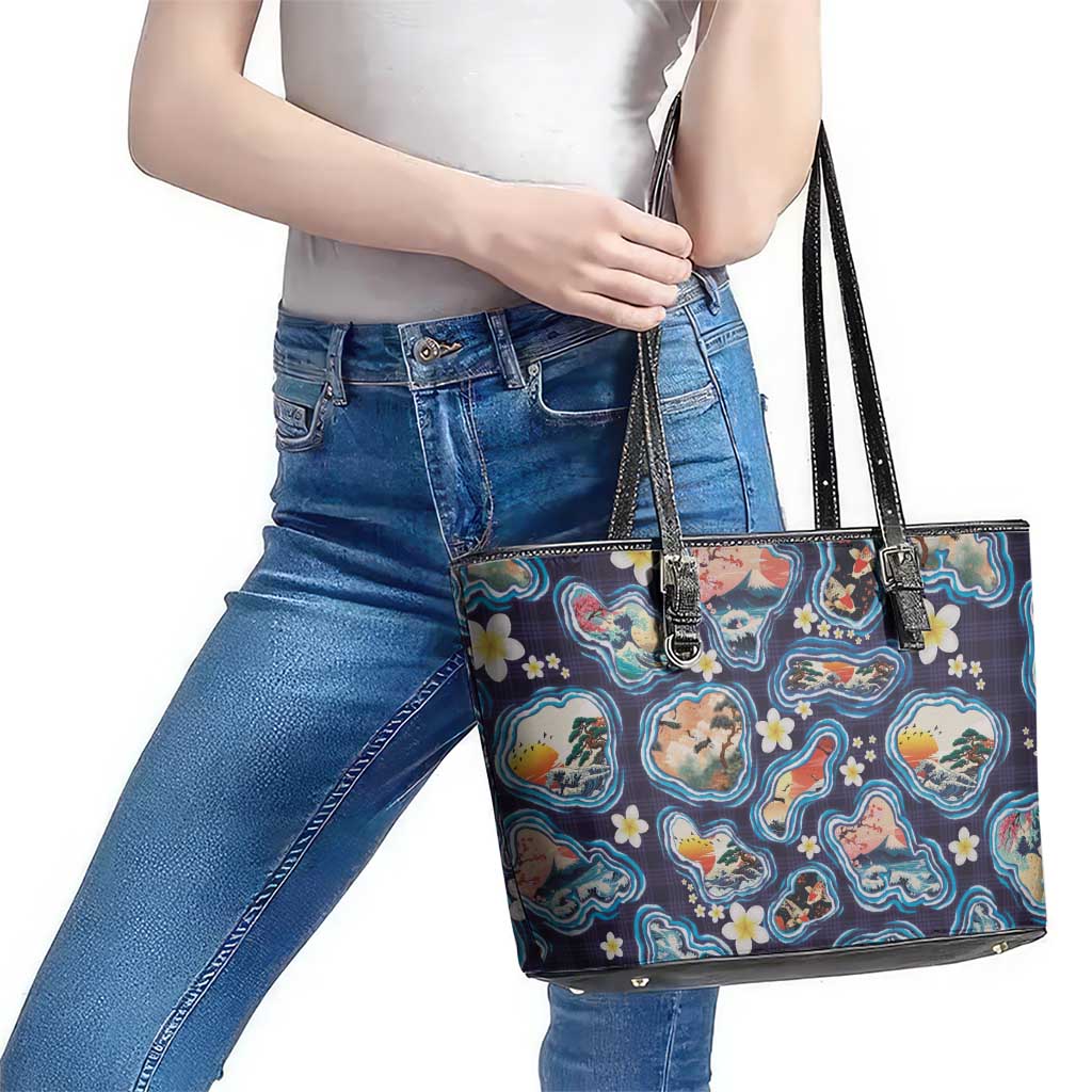 Hawaii Islands Map Design with Japanese Landscape Leather Tote Bag Hawaiian Japan Fusion Art Navy Color