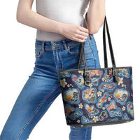 Hawaii Islands Map Design with Japanese Landscape Leather Tote Bag Hawaiian Japan Fusion Art Navy Color