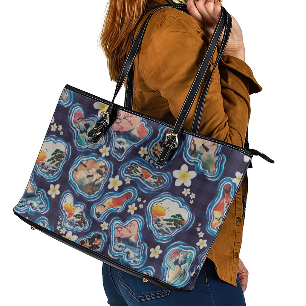Hawaii Islands Map Design with Japanese Landscape Leather Tote Bag Hawaiian Japan Fusion Art Navy Color