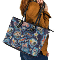 Hawaii Islands Map Design with Japanese Landscape Leather Tote Bag Hawaiian Japan Fusion Art Navy Color
