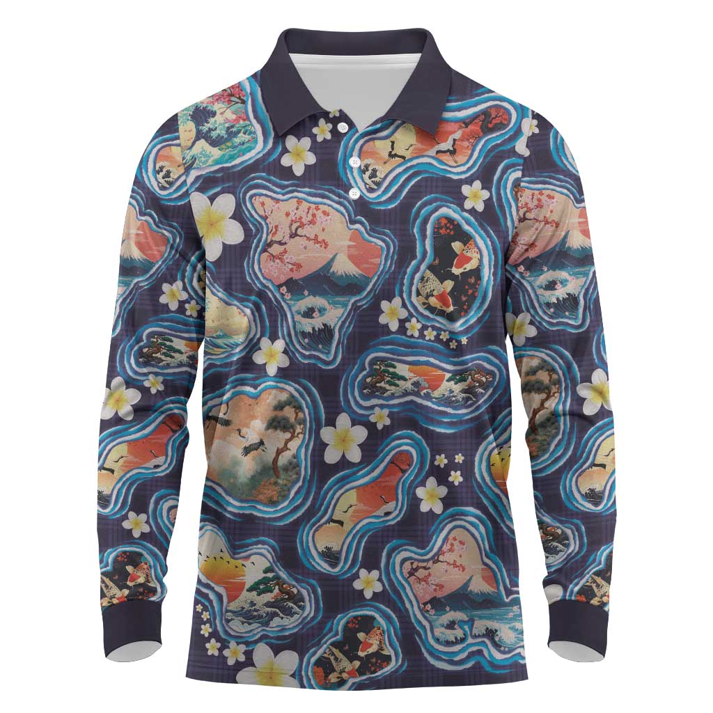 Hawaii Islands Map Design with Japanese Landscape Long Sleeve Polo Shirt Hawaiian Japan Fusion Art Navy Color