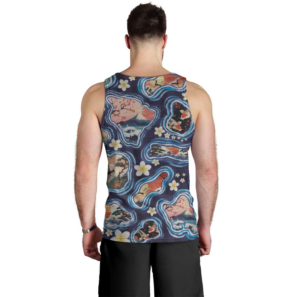 Hawaii Islands Map Design with Japanese Landscape Men Tank Top Hawaiian Japan Fusion Art Navy Color