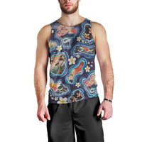 Hawaii Islands Map Design with Japanese Landscape Men Tank Top Hawaiian Japan Fusion Art Navy Color