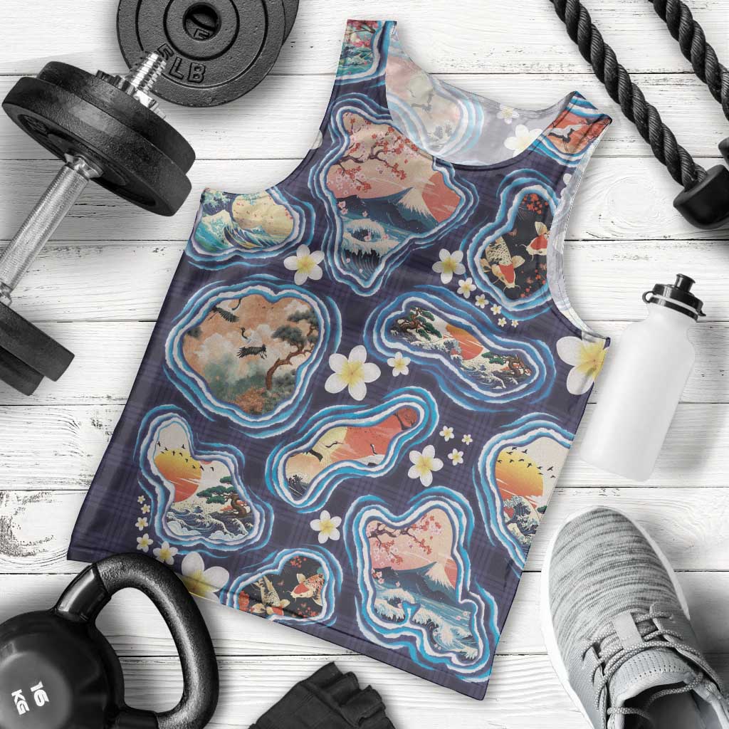 Hawaii Islands Map Design with Japanese Landscape Men Tank Top Hawaiian Japan Fusion Art Navy Color