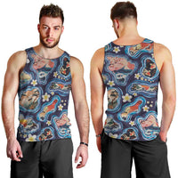 Hawaii Islands Map Design with Japanese Landscape Men Tank Top Hawaiian Japan Fusion Art Navy Color