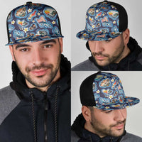 Hawaii Islands Map Design with Japanese Landscape Mesh Trucker Cap Hawaiian Japan Fusion Art Navy Color