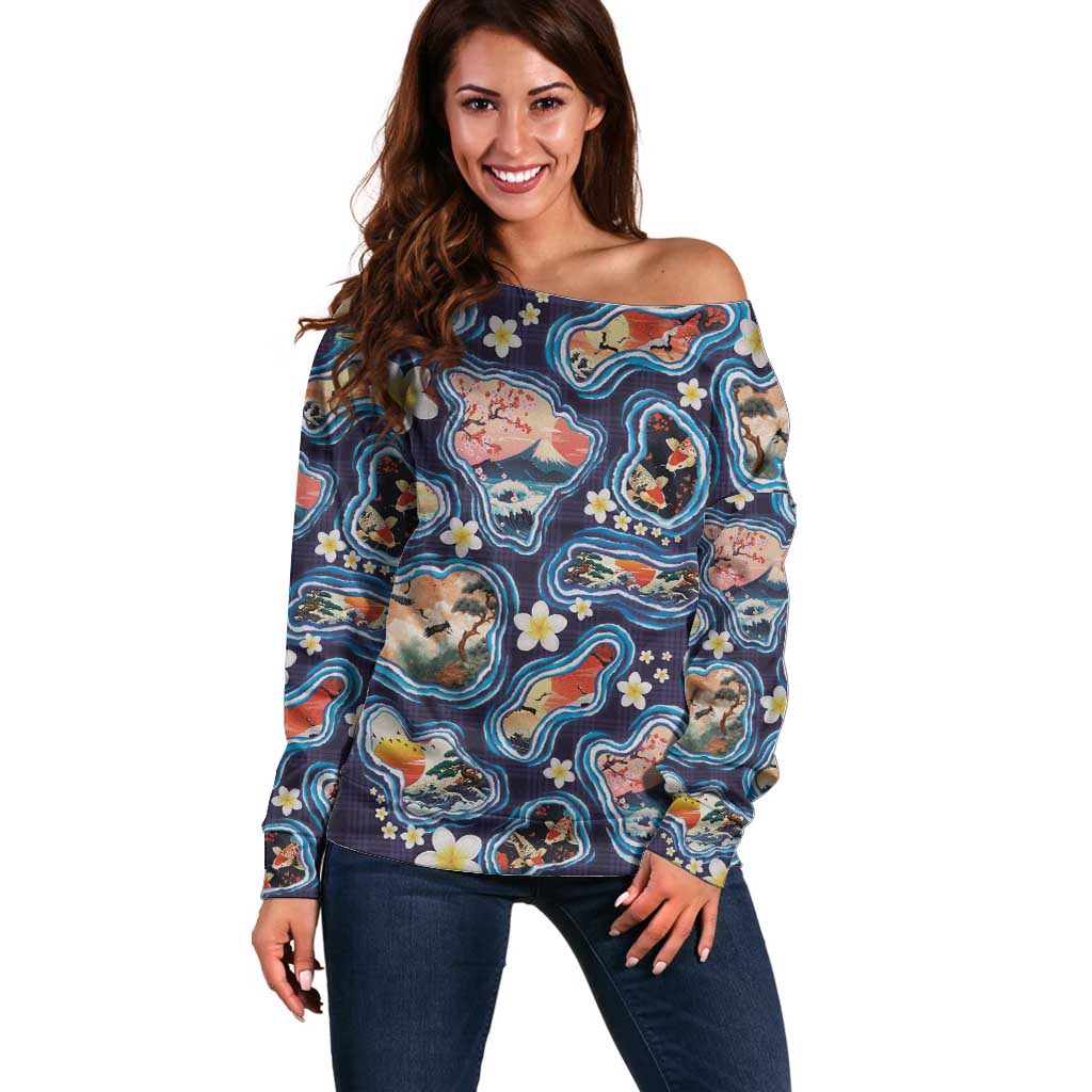 Hawaii Islands Map Design with Japanese Landscape Off Shoulder Sweater Hawaiian Japan Fusion Art Navy Color