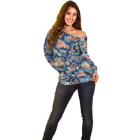 Hawaii Islands Map Design with Japanese Landscape Off Shoulder Sweater Hawaiian Japan Fusion Art Navy Color