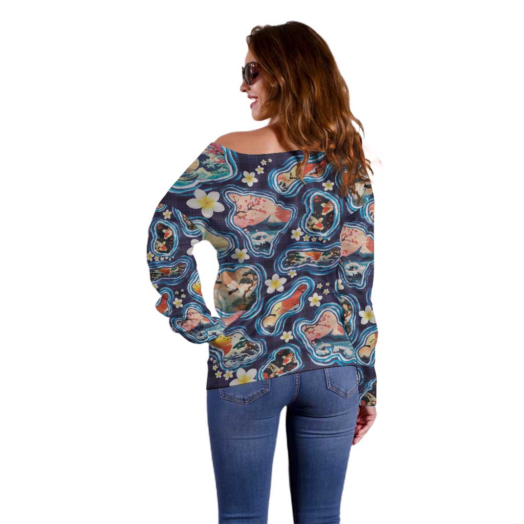 Hawaii Islands Map Design with Japanese Landscape Off Shoulder Sweater Hawaiian Japan Fusion Art Navy Color