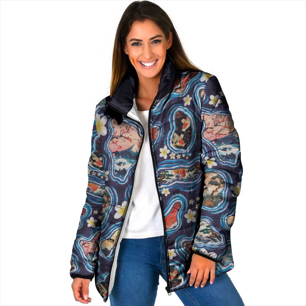 Hawaii Islands Map Design with Japanese Landscape Padded Jacket Hawaiian Japan Fusion Art Navy Color