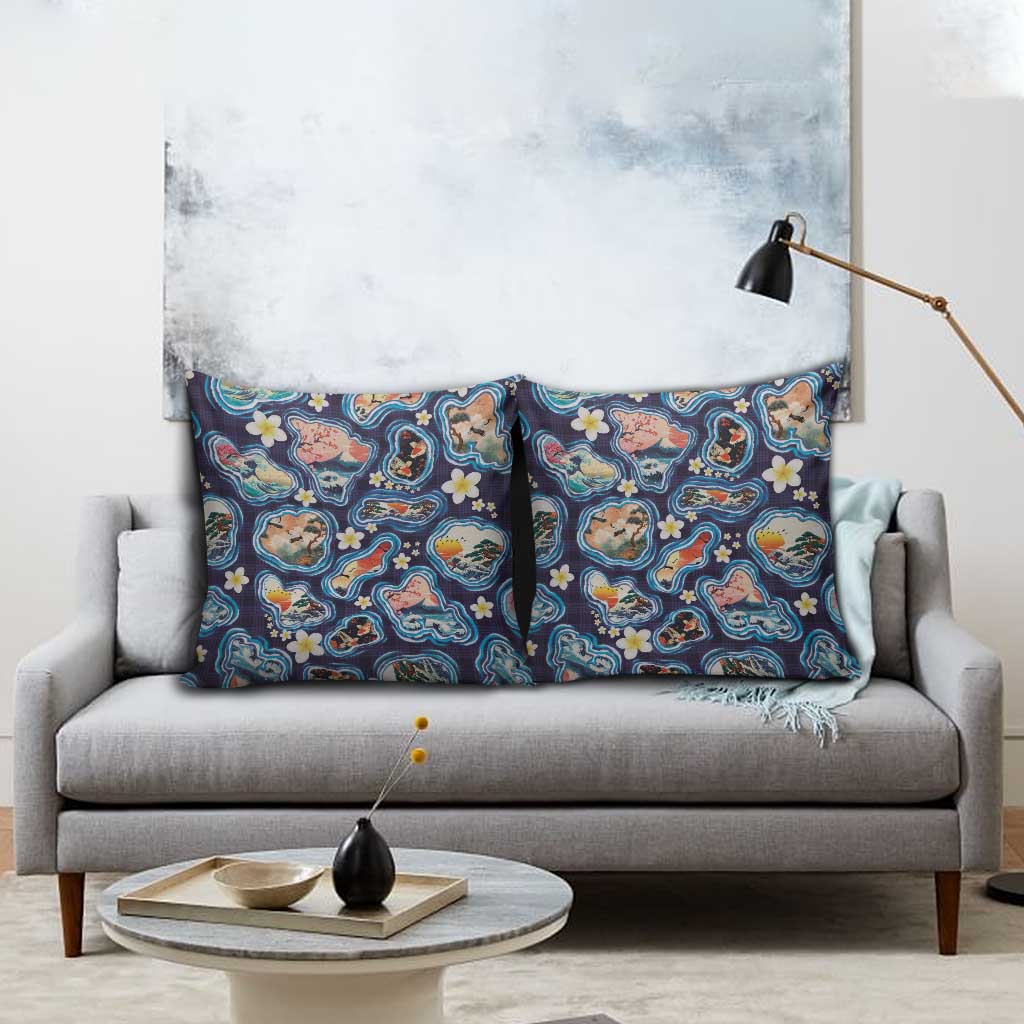 Hawaii Islands Map Design with Japanese Landscape Pillow Cover Hawaiian Japan Fusion Art Navy Color
