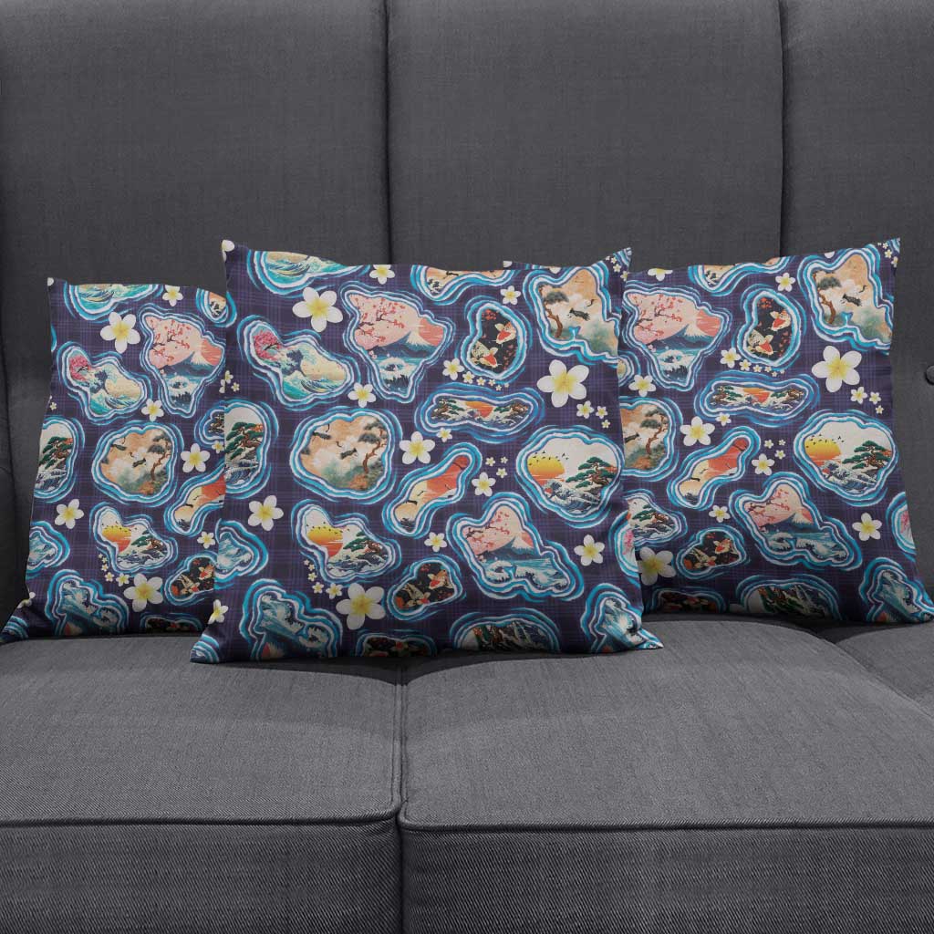 Hawaii Islands Map Design with Japanese Landscape Pillow Cover Hawaiian Japan Fusion Art Navy Color