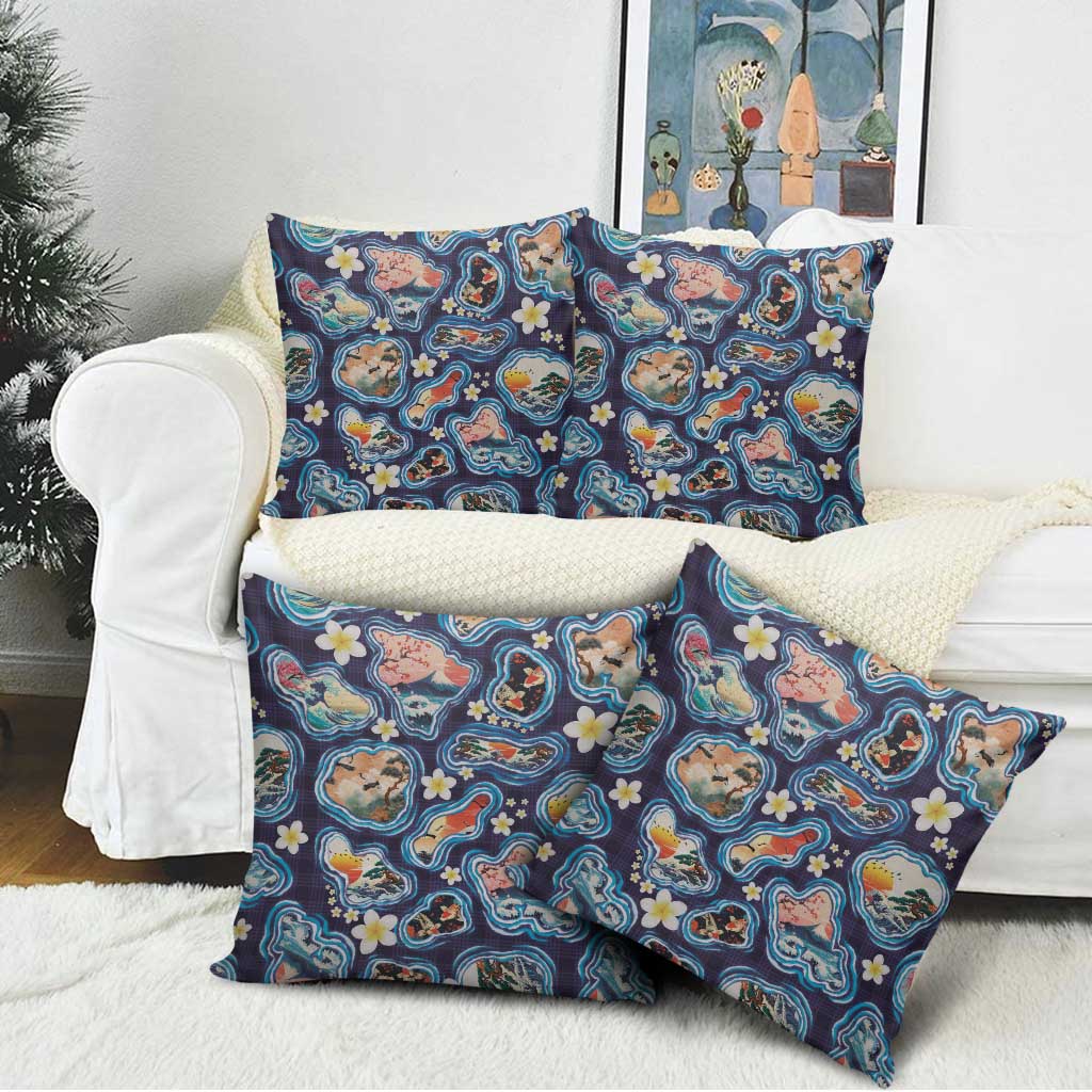 Hawaii Islands Map Design with Japanese Landscape Pillow Cover Hawaiian Japan Fusion Art Navy Color